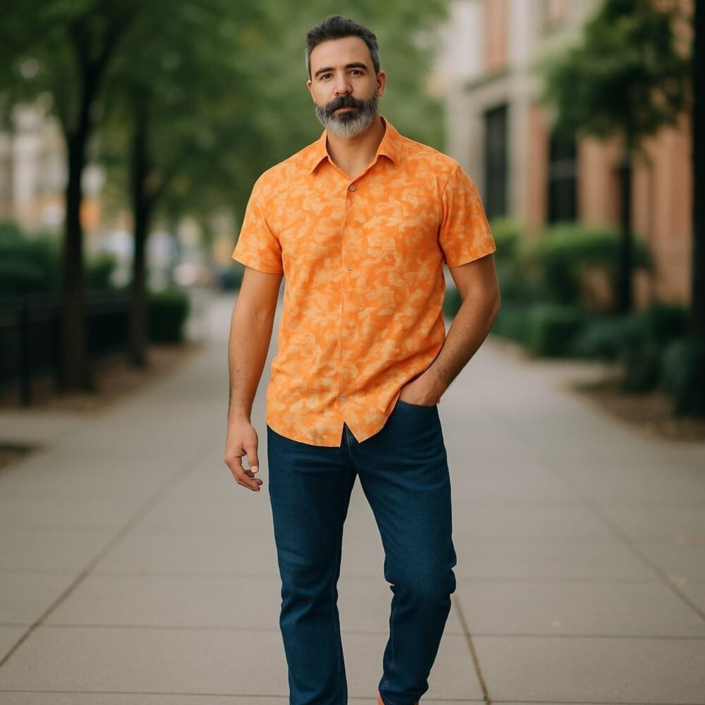 Izod Button Down Shirt Men Large Orange Shrimp Lobster Fish Coastal Stretch